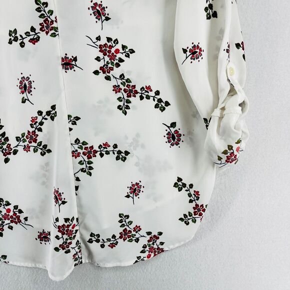 ABERCROMBIE & FITCH Top XS Floral Poplin Tie Neck Blouse Roll Tab Sleeve White - Picture 8 of 16
